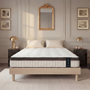 Ensemble Matelas Émeraude & Sommier Kit Bois, Mémoire de Forme & Air System, 25 cm, Accueil Moelleux, Soutien Ferme, Lattes Actives