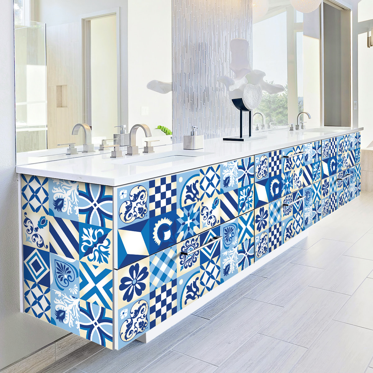 Stickers muraux - Sticker Mural Carrelage adhésif Cuisine Salle de Bain - 60 STICKERS CARRELAGES MEUBLE BORGES