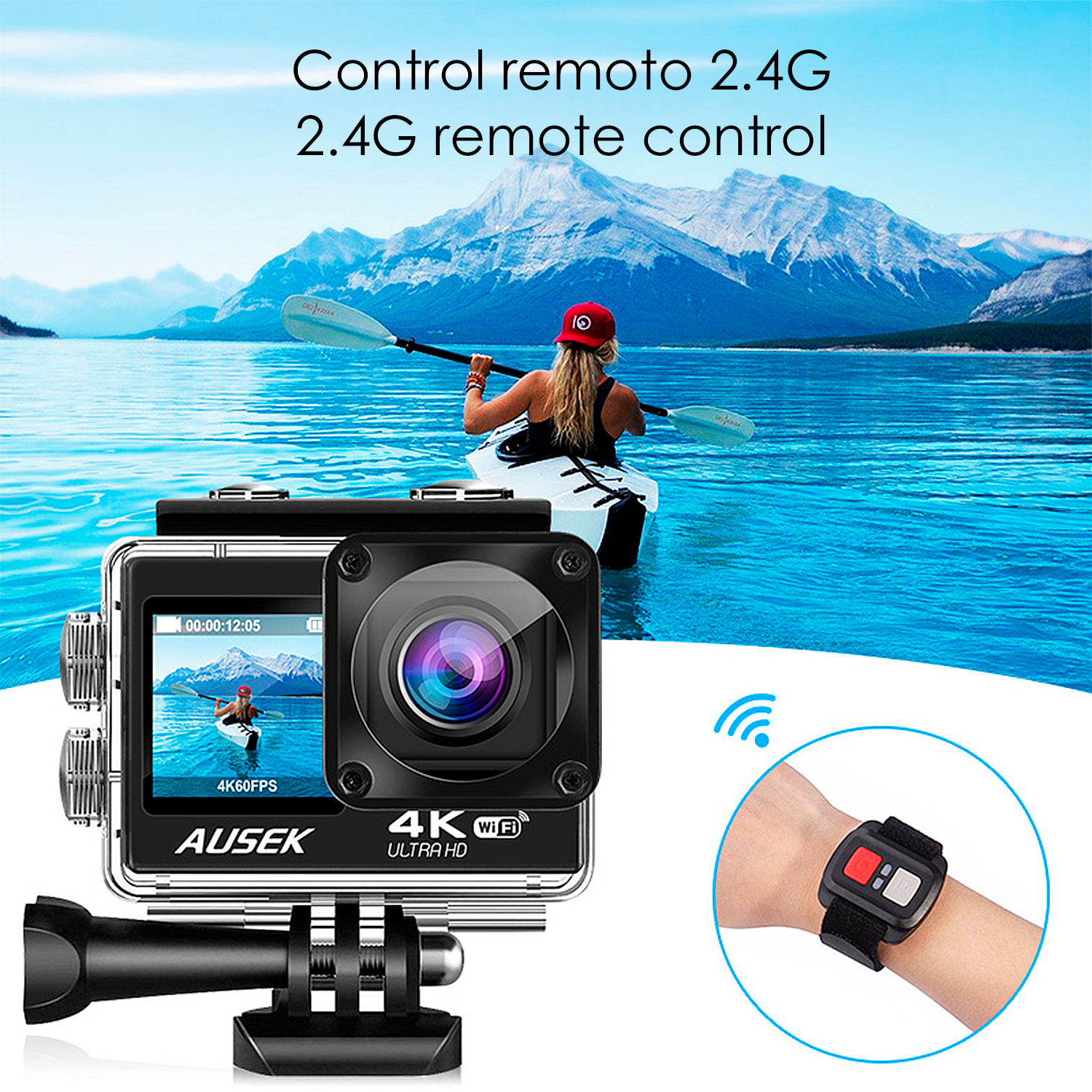 Camera Sportiva AT-Q60AR 4k 30fps con 15,9 mpx, doppio schermo di 2" e 1,3" con una moltitudine di accessori sportivi e WIFI.
