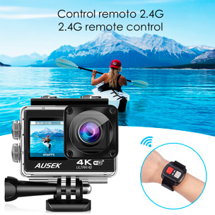 Camera Sportiva AT-Q60AR 4k 30fps con 15,9 mpx, doppio schermo di 2" e 1,3" con una moltitudine di accessori sportivi e WIFI.