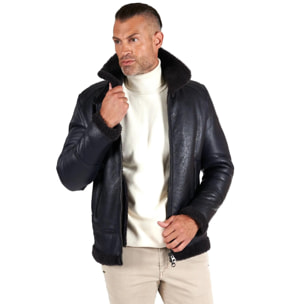 Montone blu Shearling biker uomo collo camicia con fibbia