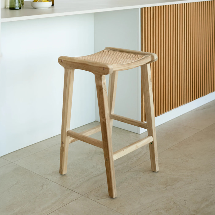 Tabouret pour îlot central 65 cm en teck et cannage - Omaha