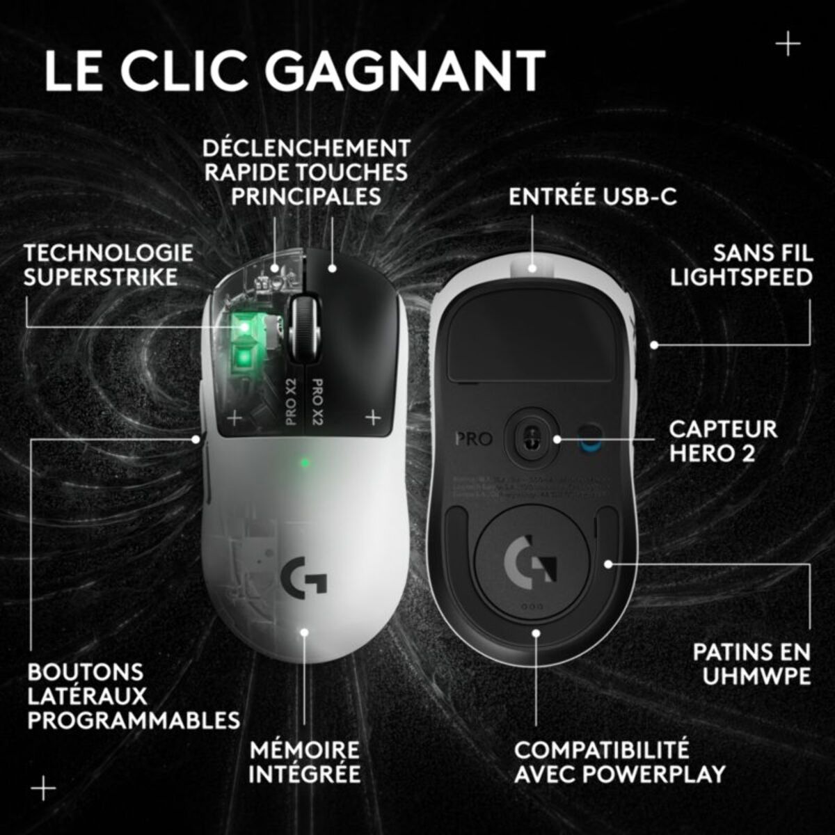 Souris Gamer Sans Fil LOGITECH PRO X2 SUPERSTRIKE LUNAR ECLIPSE