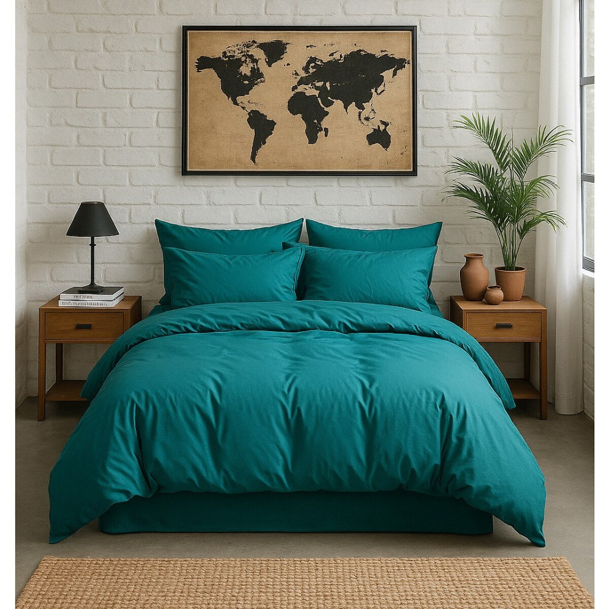 Paire de Taies D'oreiller Avec Volant 100% Percale De Coton Lavé Bleu Canard