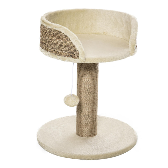 Arbre à chat griffoir 2 niveaux H. 49 cm - poteau sisal, plateforme observation, jeu de boule suspendue - jute polyester beige