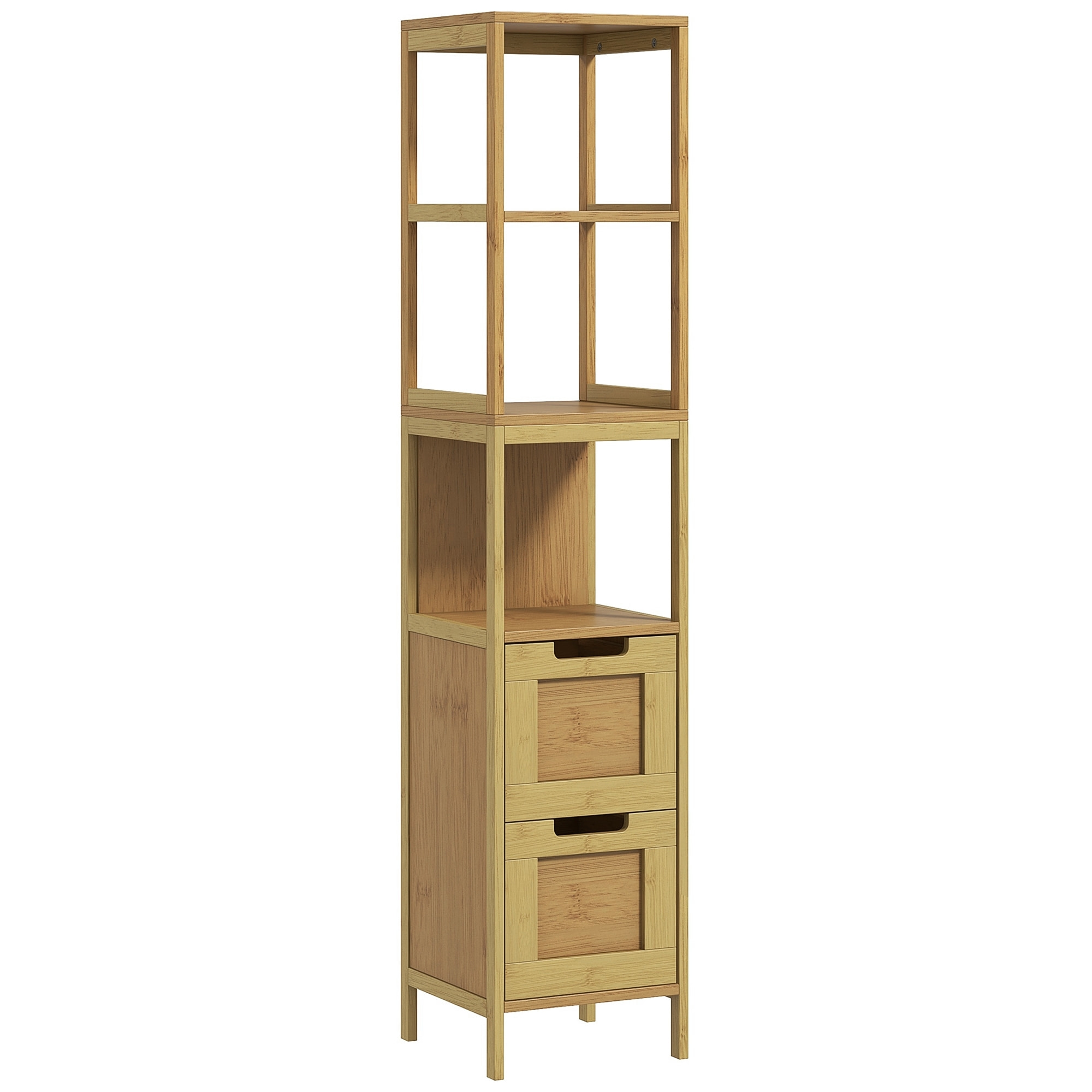 Meuble colonne rangement salle de bain style cosy dim. 30L x 30l x 144H cm 3 étagères 2 tiroirs bambou MDF aspect bois clair