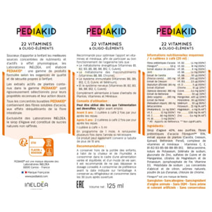 PEDIAKID - 22 Vitamines et Oligo-Éléments - Complément Alimentaire Naturel - Formule Exclusive au Sirop d'Agave - Optimise les Apports en Vitamines et Minéraux - Lot de 3 flacons 125ml