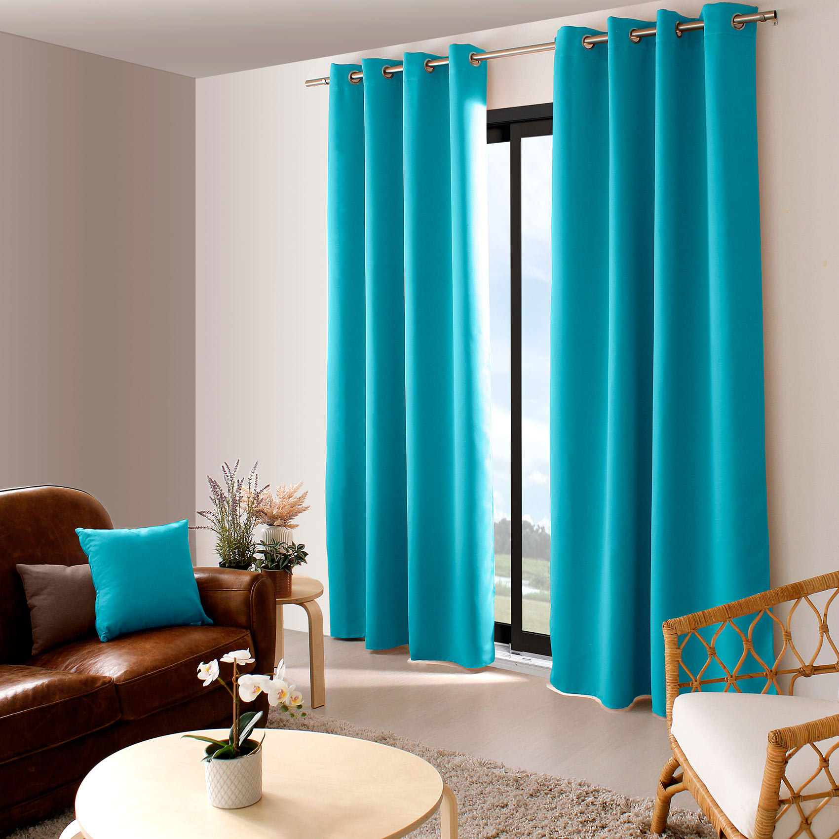 Rideau occultant uni avec 8 œillets - Turquoise