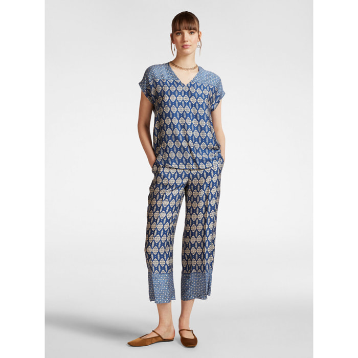 Elena Mirò - Pantalón cropped con estampado étnico - Azul