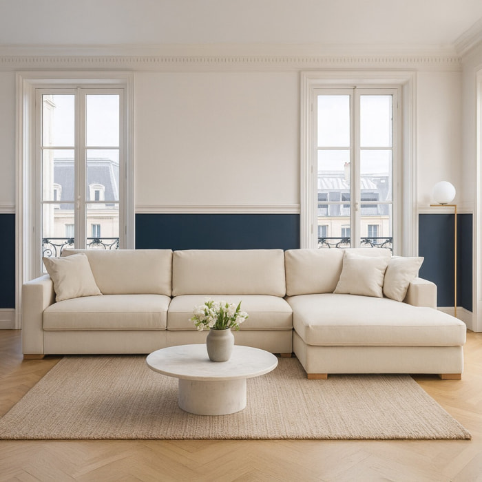 Canapé d'angle à droite convertible 5 places en tissu chenille - ROBIN