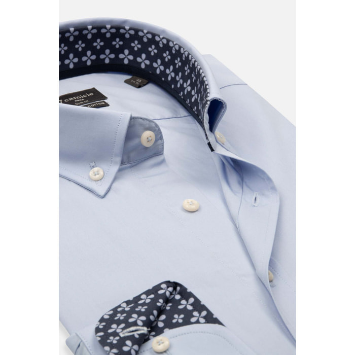camicia uomo 1 bottone button down slim Popeline Stretch Unito Celeste