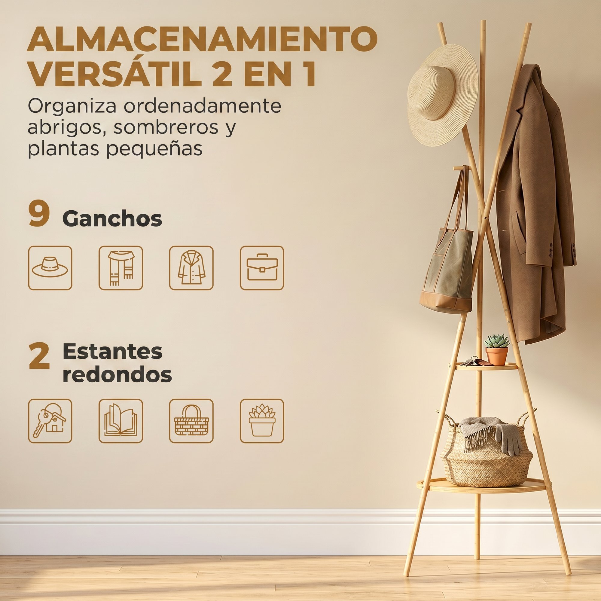 Perchero de Pie de Bambú, Perchero para Ropa con 2 Estantes y 9 Ganchos, Diseño Elegante, para Colgar Bolsas, Sombreros, en Pasillo, Entrada, Dormitorio, 58,5x58,5x176 cm, Natural