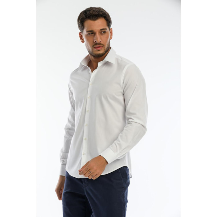 Camicia Uomo 1 Bottone Italiano Slim Popeline Stretch Unito Bianco