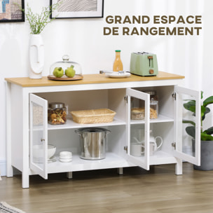 Buffet bas style classique chic - 3 portes vitrine verre, 2 étagères réglables - verre MDF panneaux blanc aspect bois clair