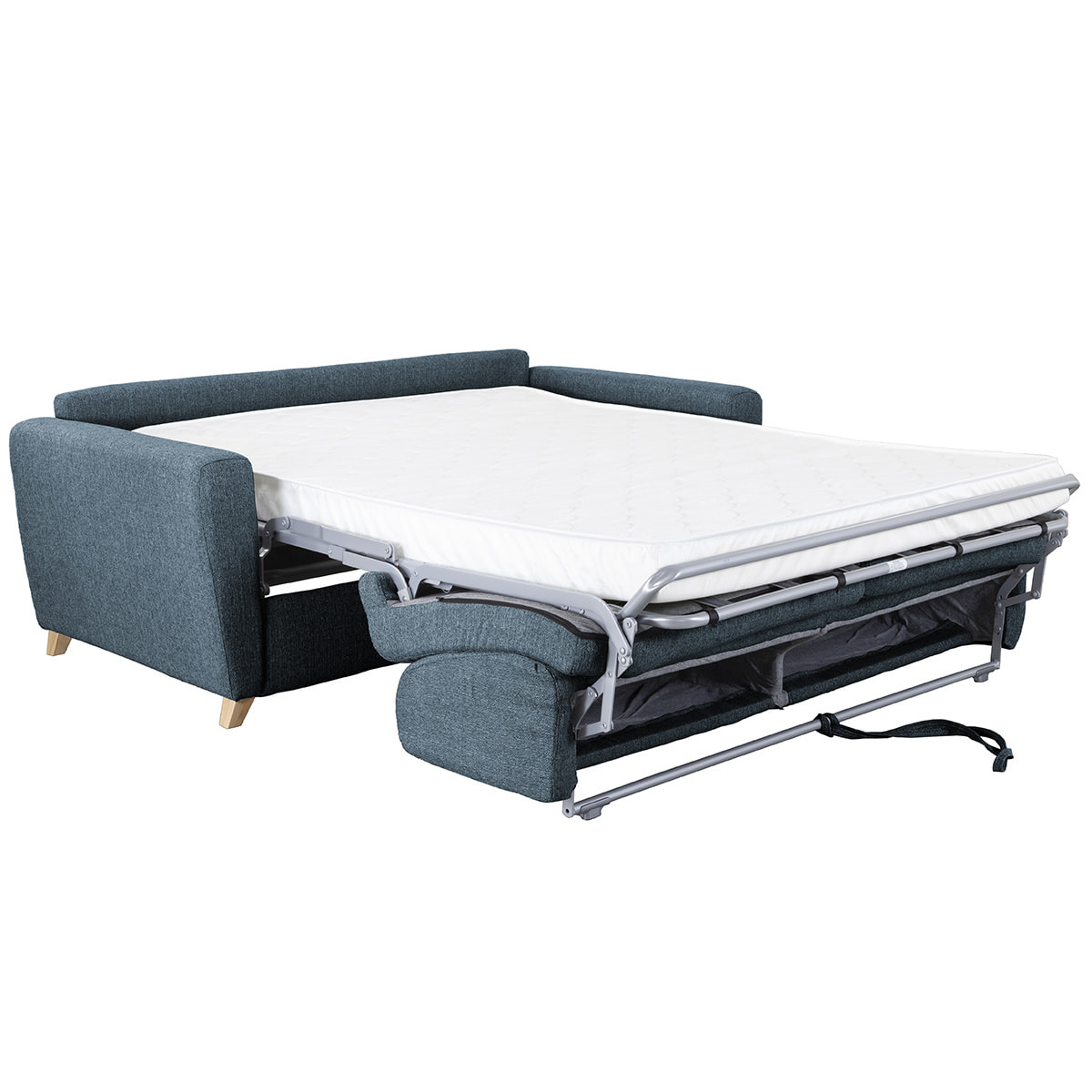 Canapé convertible 3 places en tissu bleu et bois clair avec matelas L140 cm 12 cm GRAHAM