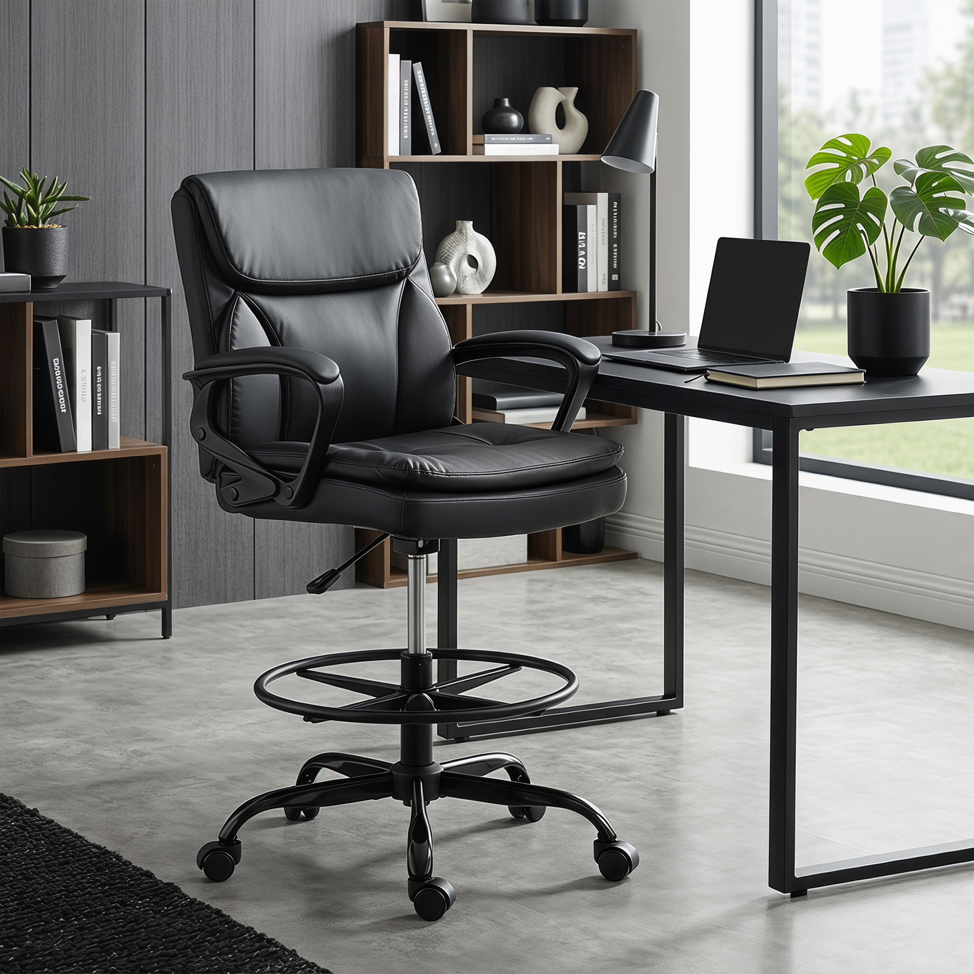 Silla de Escritorio Alta, Silla de Dibujo Ergonómica con Reposapiés Ajustable, Altura Regulable, Ruedas Giratorias, Tapizado en PVC para Oficina, Estudio, Negro