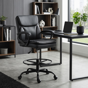 Silla de Escritorio Alta, Silla de Dibujo Ergonómica con Reposapiés Ajustable, Altura Regulable, Ruedas Giratorias, Tapizado en PVC para Oficina, Estudio, Negro