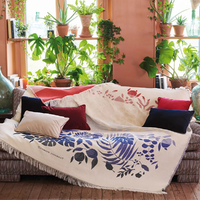 Jete de canape pur coton motif jacquard bleu rouge Tangerine pampa
