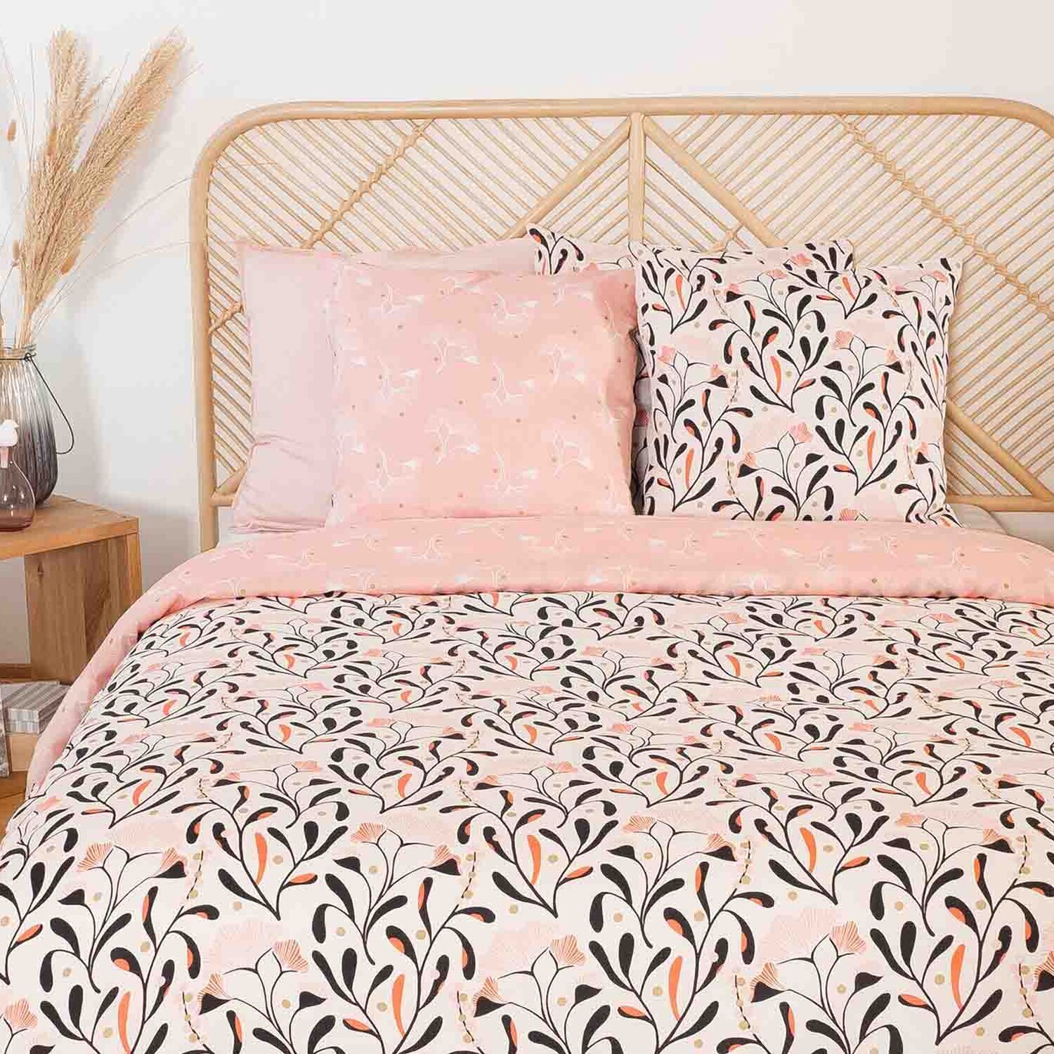 Parure housse de couette imprimé 100% satin de coton - joy - rose