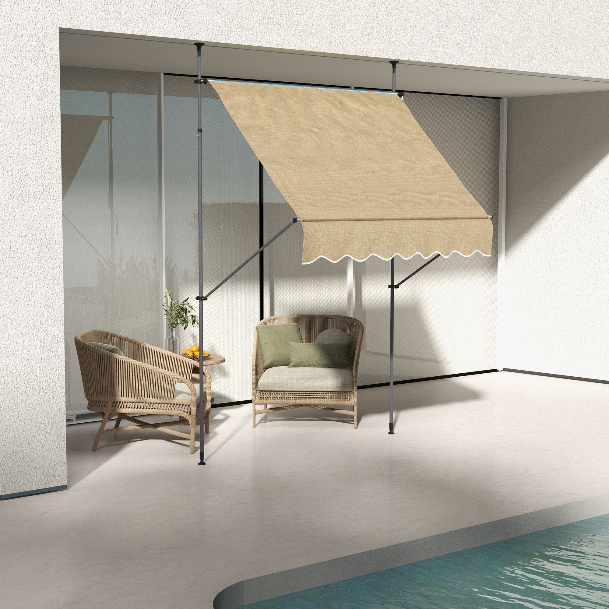 Toldo Manual Retráctil 2x1,2 m Toldo Exterior Terraza Enrollable Altura Ajustable con Manivela 210-300 cm Sin Taladro Protección UV30+ para Balcón Jardín Beige