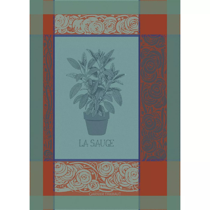 Torchon pur coton motif jacquard bleu orange La sauge givre