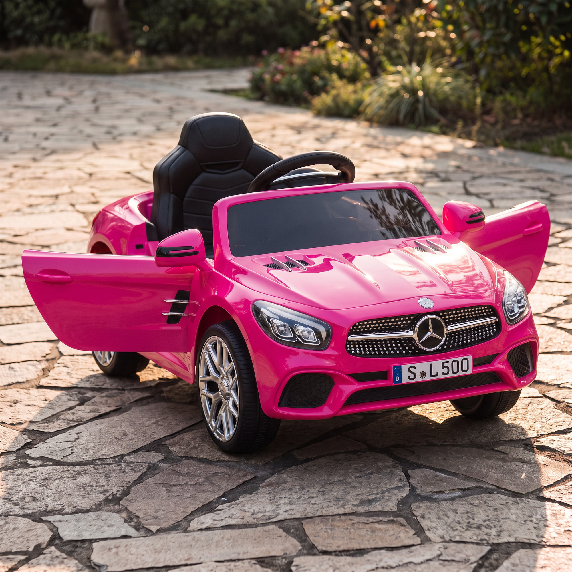 Coche Eléctrico para Niños Mercedes-Benz SL500 Coche de Batería Litio 12V con Mando a Distancia 2,4 G 2 Motores Suspensión Arranque Suave Luces Música Claxon Bluetooth 3-5 Años 3-5 km/h Rosa