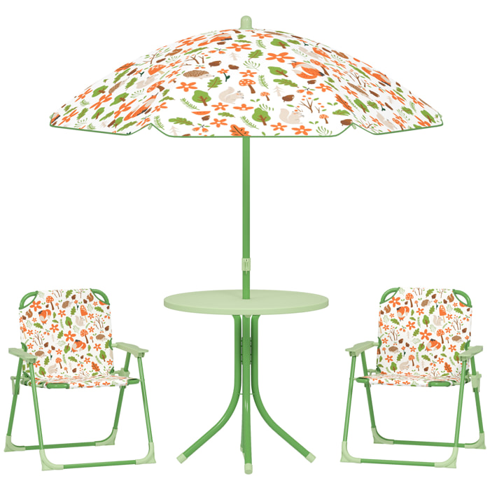 Conjunto de Mesa y Sillas Infantil de Jardín de 4 Piezas Mesa Infantil con Sillas Plegables Sombrilla Ajustable Diseño de Zorro para Patio Pícnic Verde