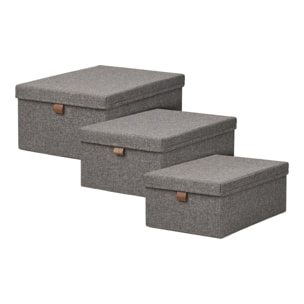 Set 3 scatole Noto in tessuto grigio scuro con coperchio e linguetta in ecopelle