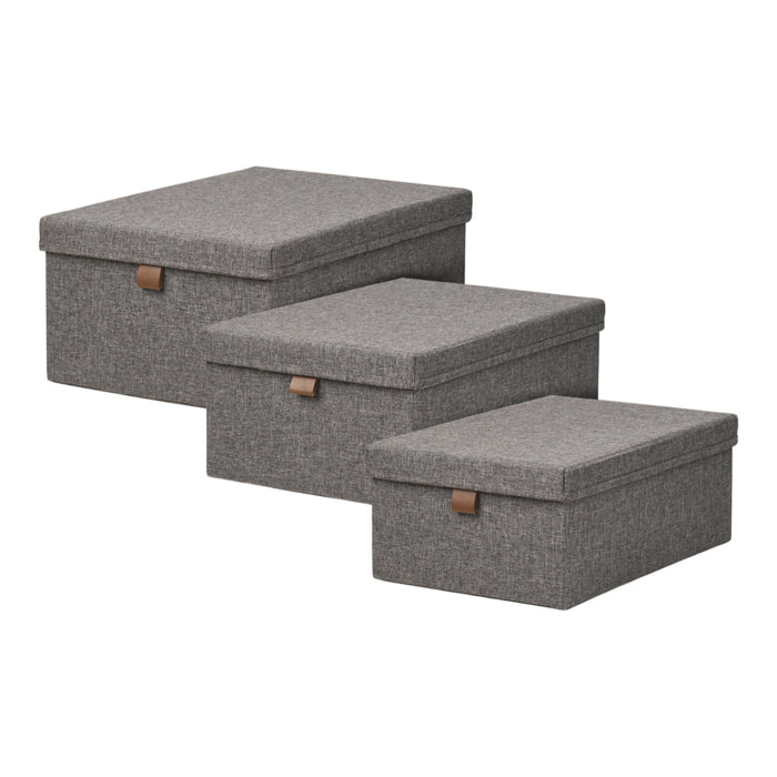 Set 3 scatole Noto in tessuto grigio scuro con coperchio e linguetta in ecopelle
