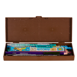 Astuccio per bambini con disegno di uccelli arrabbiati. Frontale con pezzi removibili per personalizzare il design.