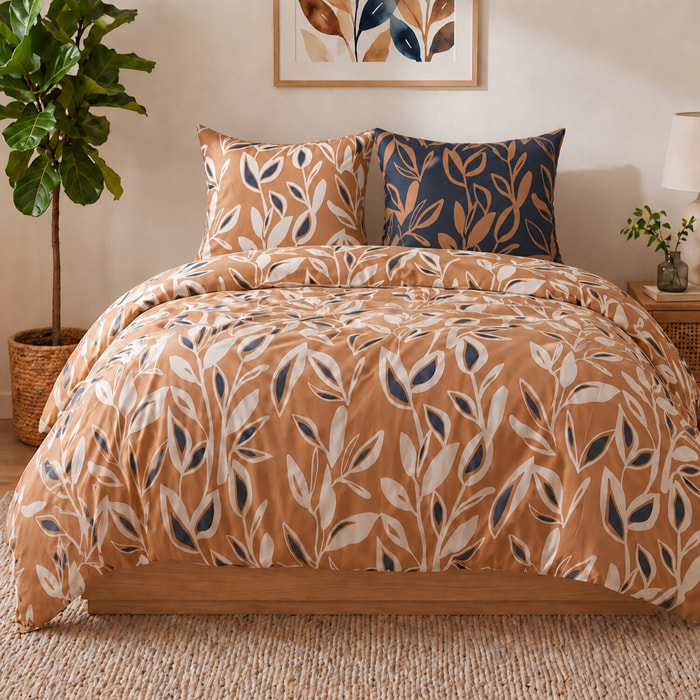 Parure housse de couette 240x220 cm imprimée végétale + 2 taies 100% Coton - LINDA