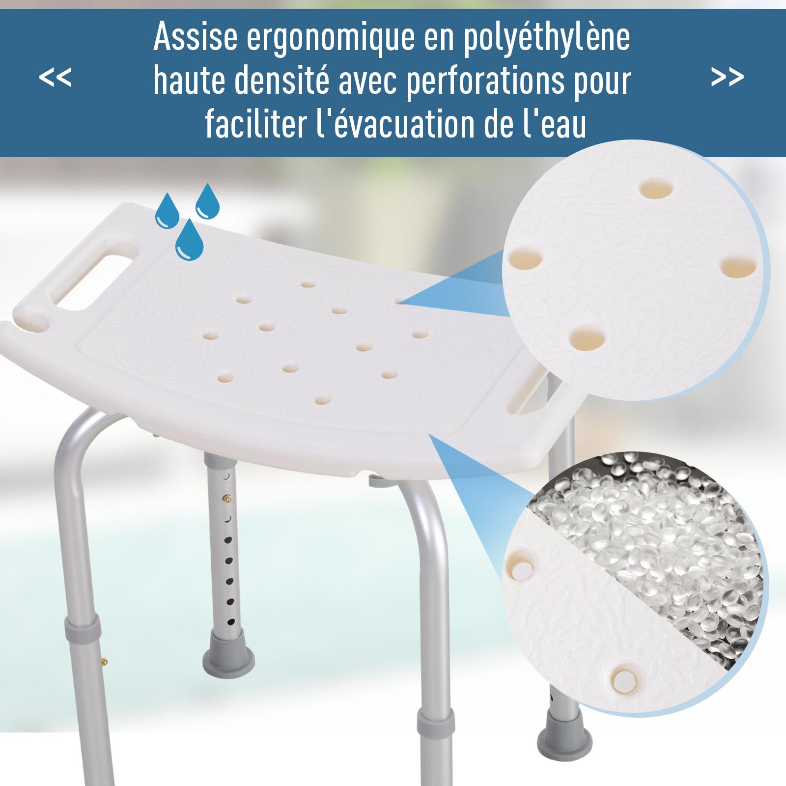 Siège de douche réglable en hauteur tabouret de douche ergonomique pieds antidérapants charge max. 136 Kg alu HDPE blanc