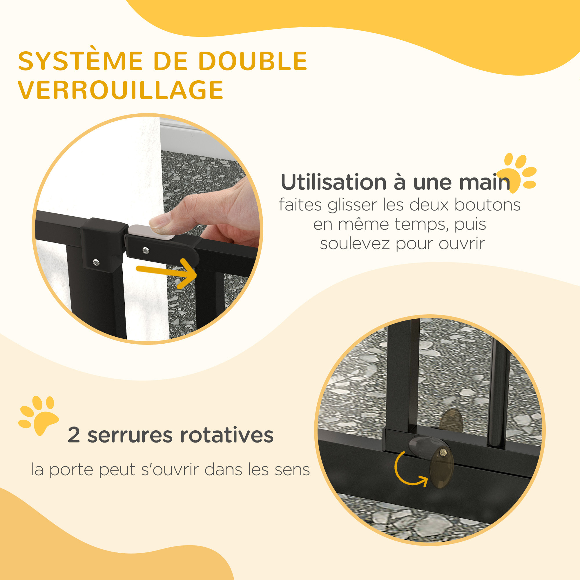 Barrière de sécurité animaux - longueur réglable dim. 75-145 cm - porte double verrouillage, ouverture double sens -sans perçage - acier ABS noir