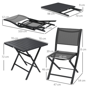 Ensemble bistro de jardin pliable - 2 chaises, table plateau lattes - alu teslin anthracite