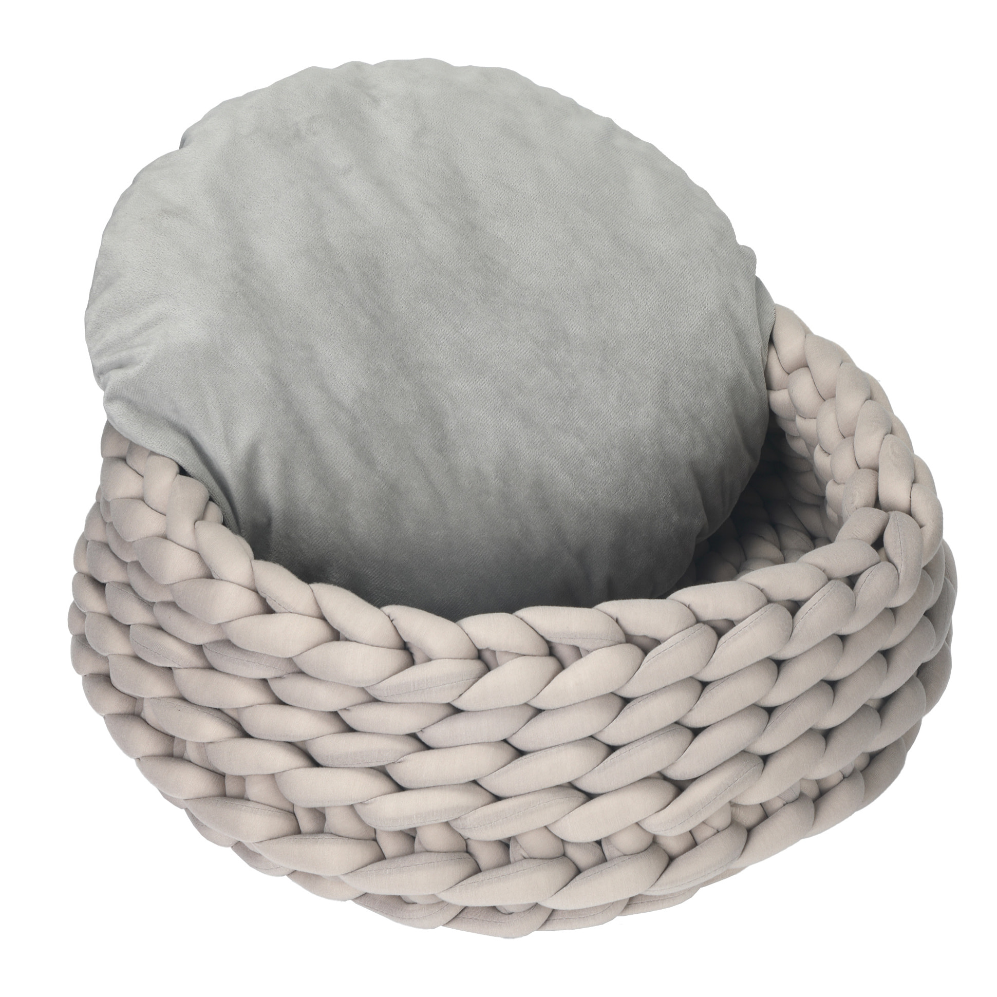 Panier pour chien chat Ø50 x 19H cm effet tressé tricot - coussin amovible et lavable en machine - polyester gris