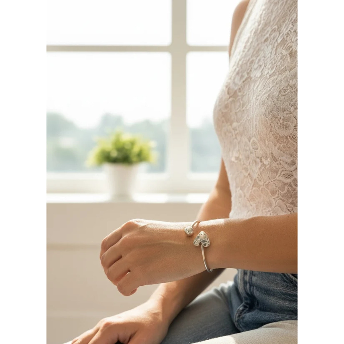 Pulsera corazón y bola ajustable plata 10µ