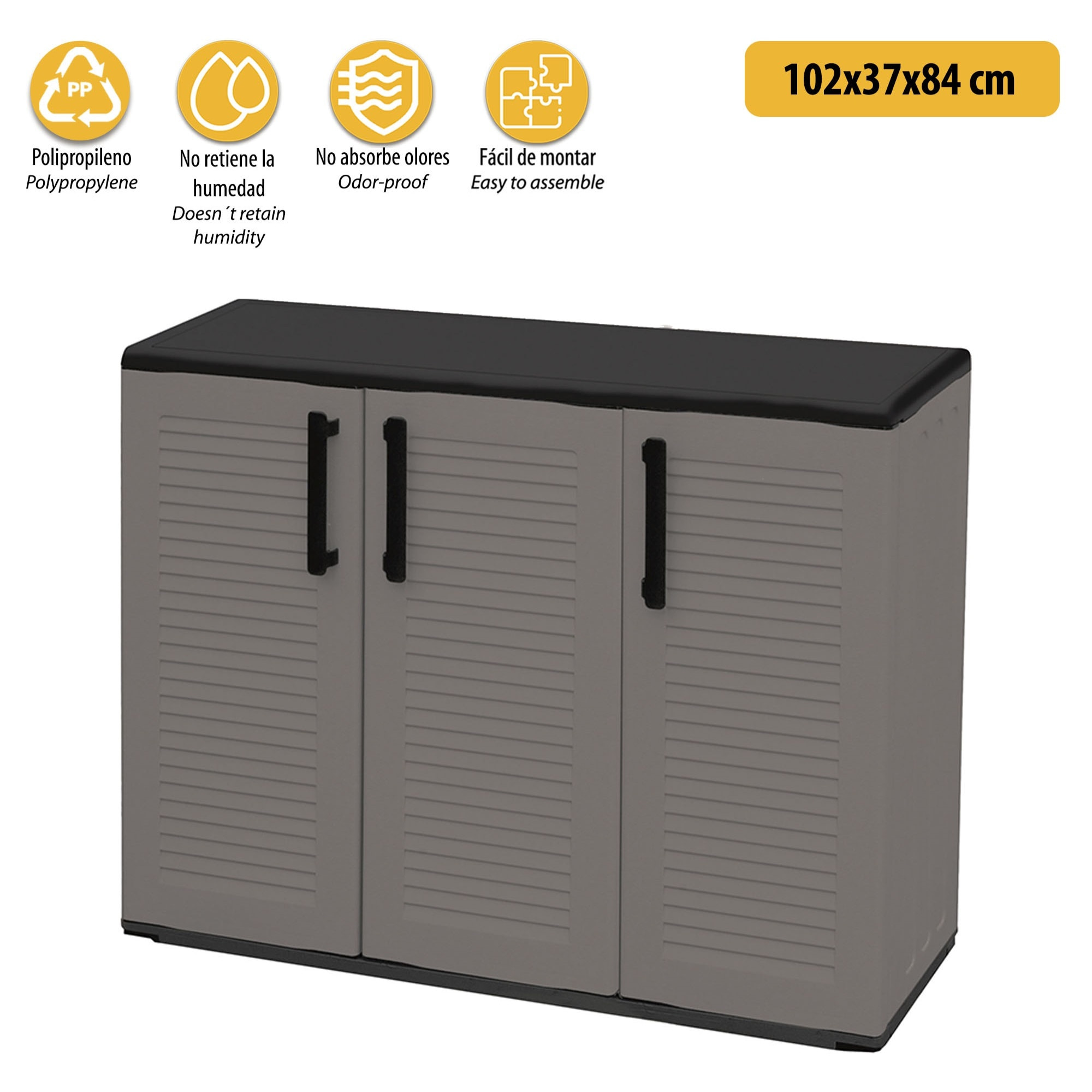 Armario de mediana altura en polipropileno, material reciclable y ecológico sostenible, está equipado con bisagras de acero y estantes ajustables, dim