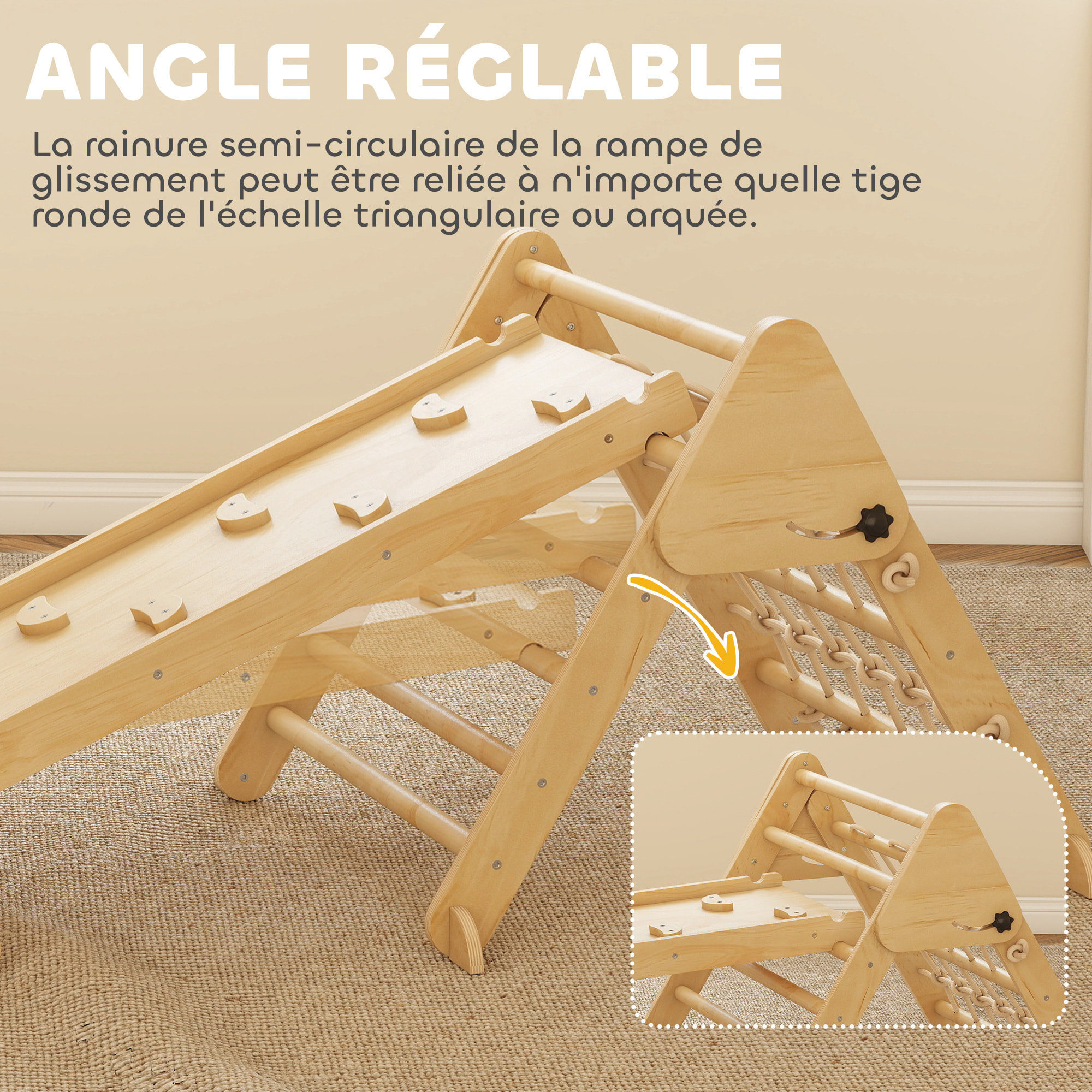 Triangle d'escalade enfant pliable 8 en 1 - aire de jeu enfant - bois naturel