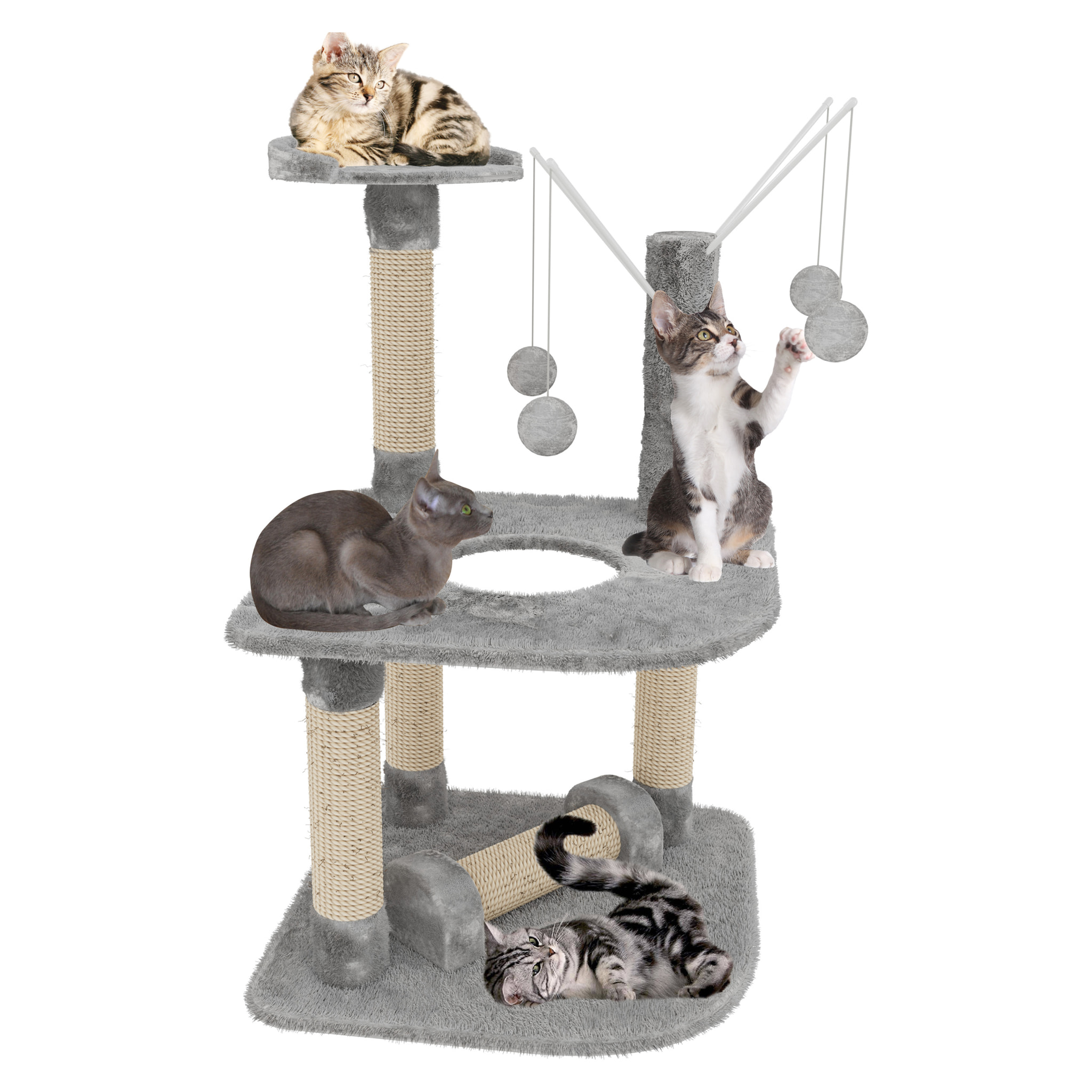 Albero per Gatto con Graffiatoio Cuccia Giocattolo Gatti Parco Giochi Tiragraffi in Sisal Naturale 90 x 45 x 45 cm (Colore Grigio Ginger 30072)