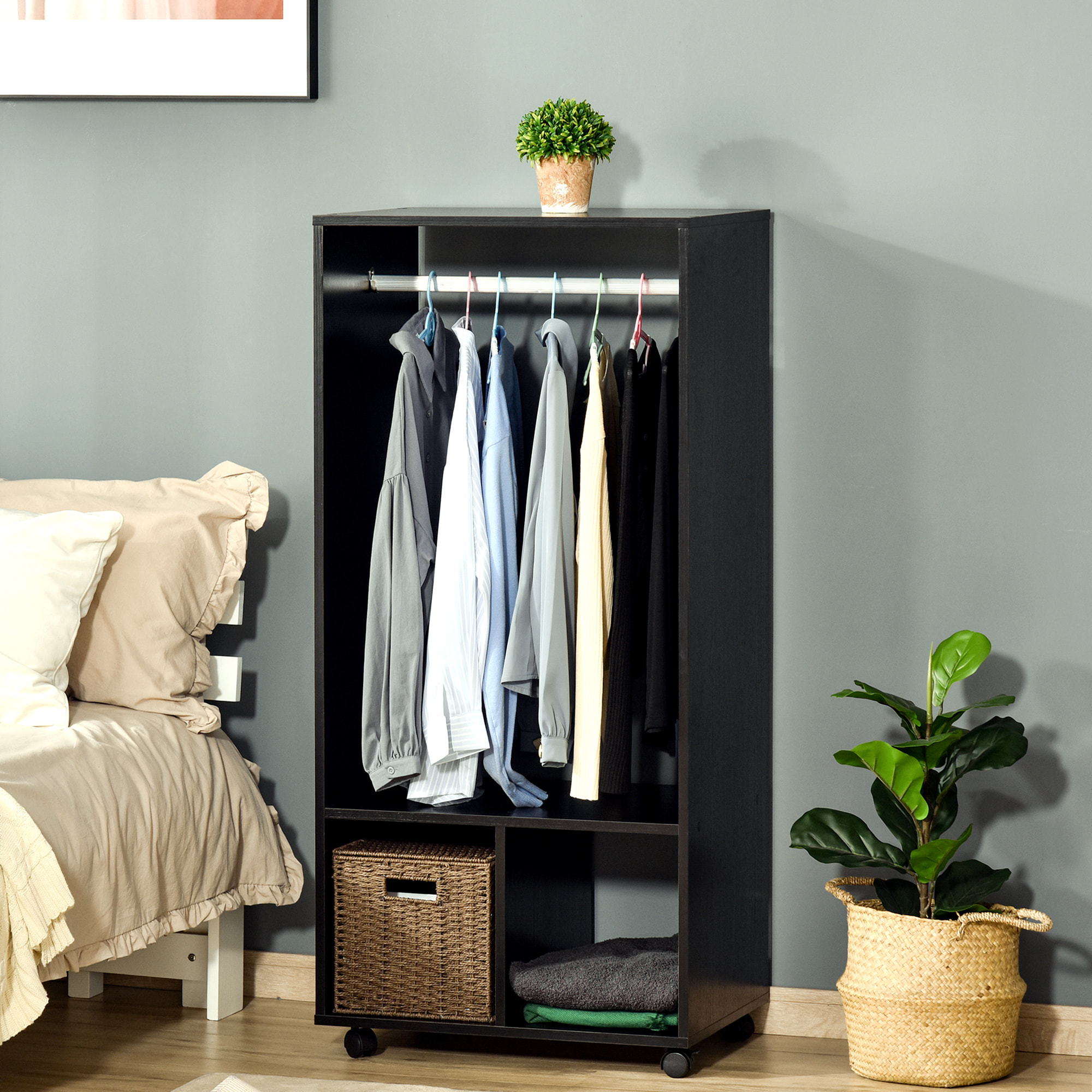 Armario Ropero con Ruedas Armario para Ropa con Barra Estantes Abiertos Organizador para Colgar Ropa de Dormitorio 60x40x128 cm Negro