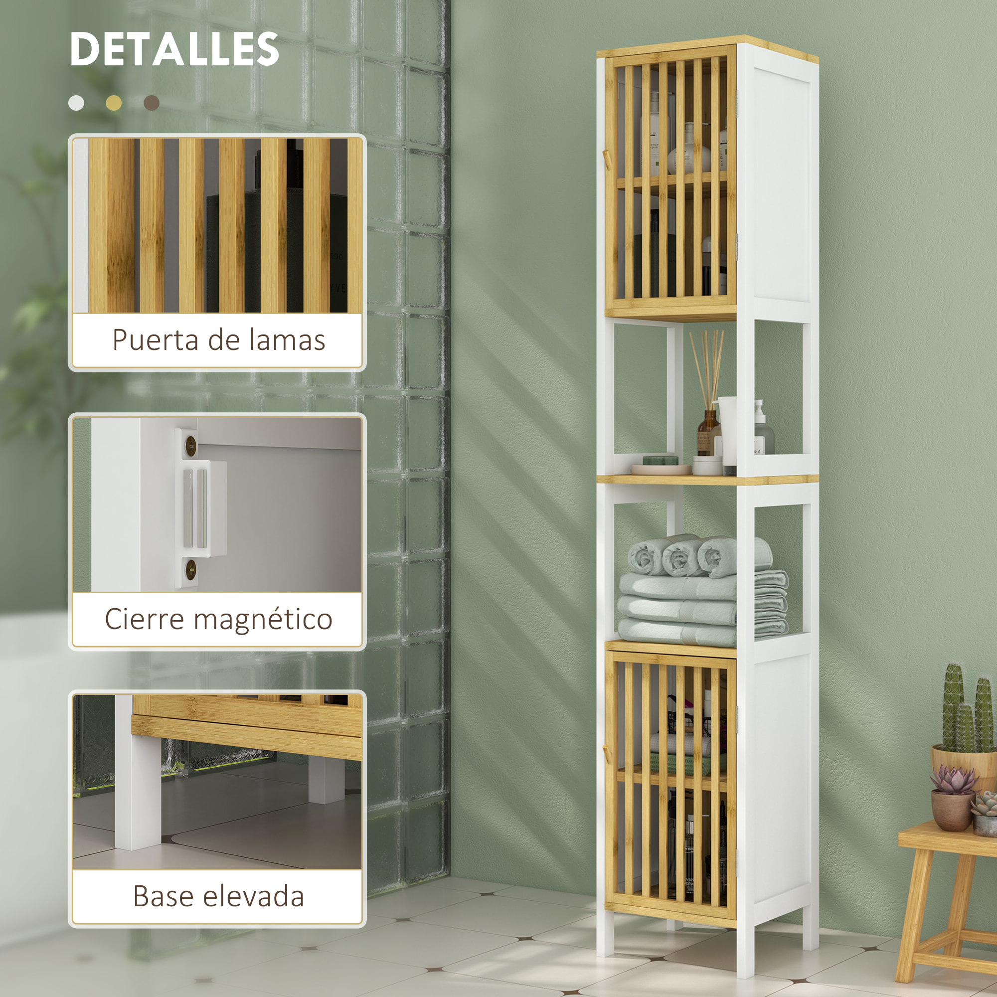 Armario Alto de Baño Columna de Baño Mueble Auxiliar de Baño con 2 Compartimentos Abiertos 2 Puertas de Rejilla y Estantes Ajustables 32x30x172 cm Blanco