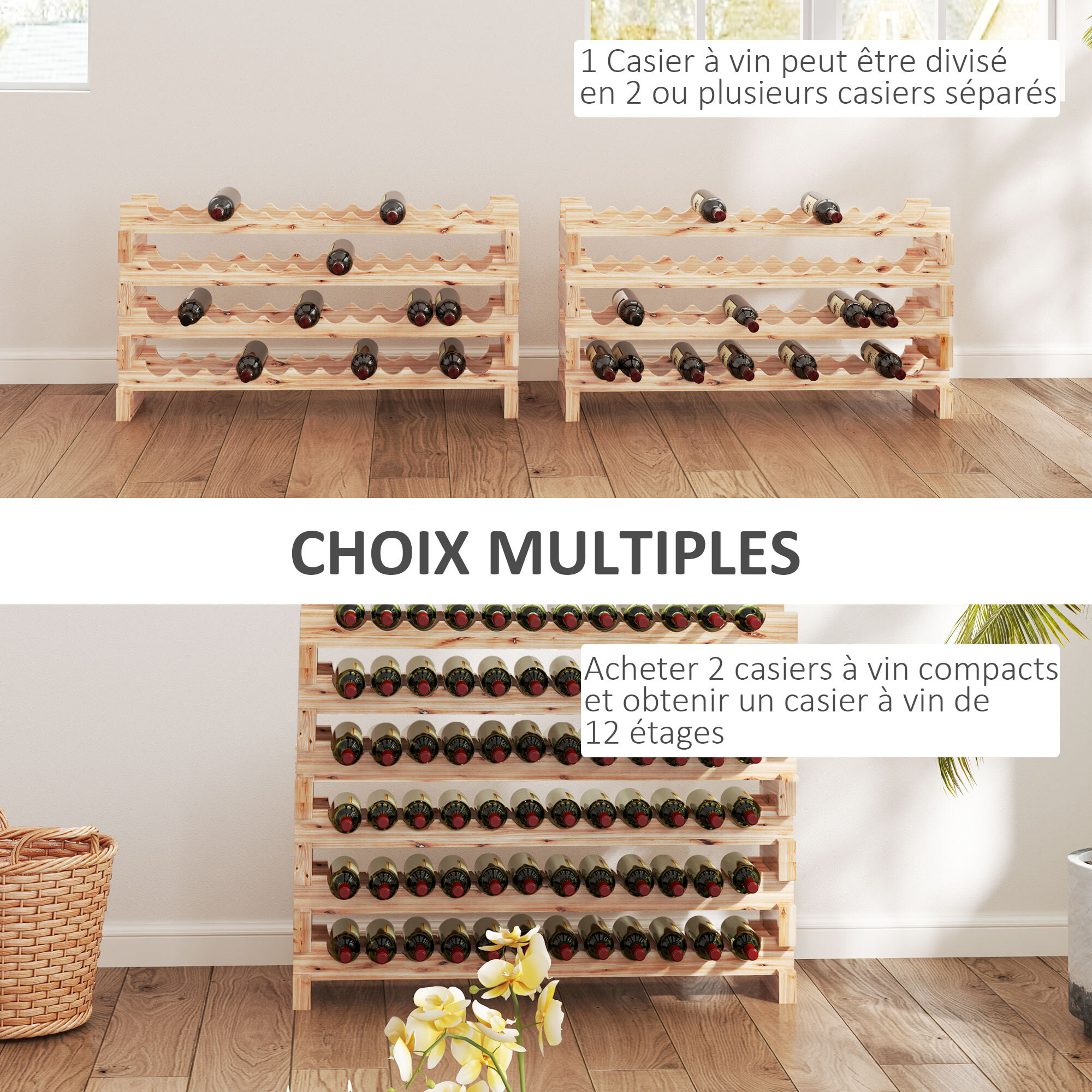 Étagère à bouteilles casier à vin range bouteilles horizontal 8 niveaux 96 bouteilles max. dim. 114L x 28l x 113H cm bois
