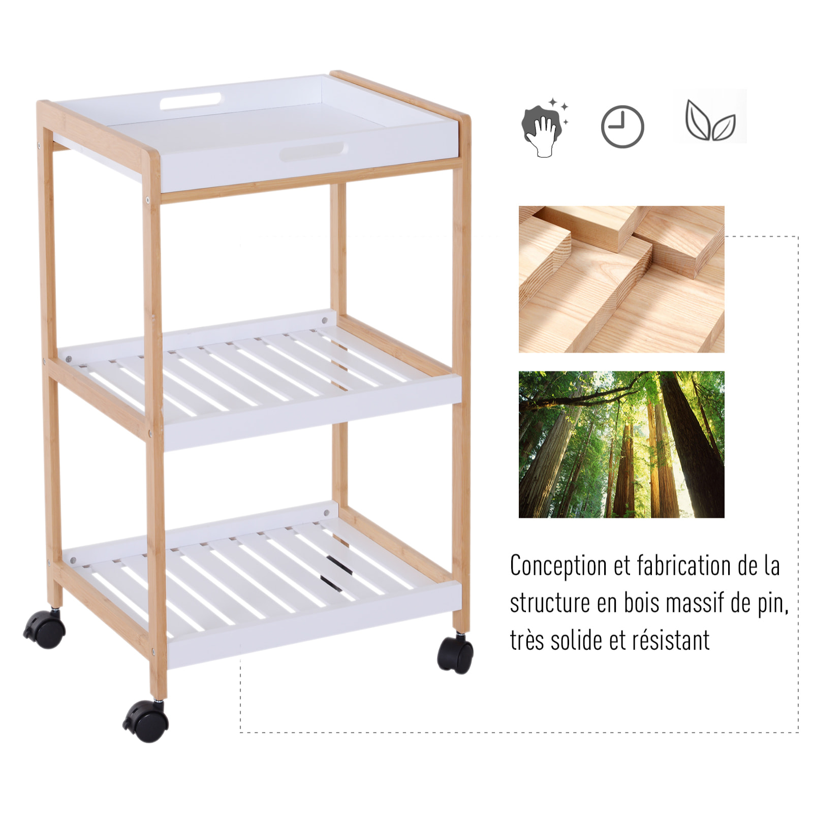 Chariot de service desserte de cuisine à roulettes 2 étagères + plateau amovible bois de pin MDF blanc