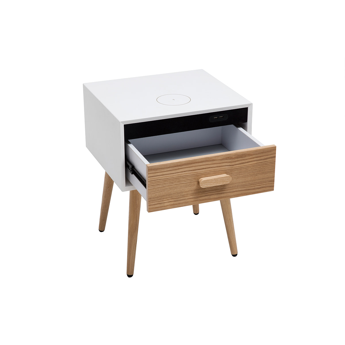 Tables de chevet connectées multimédia blanc mat et bois clair massif L40 (lot de 2) PAVAN