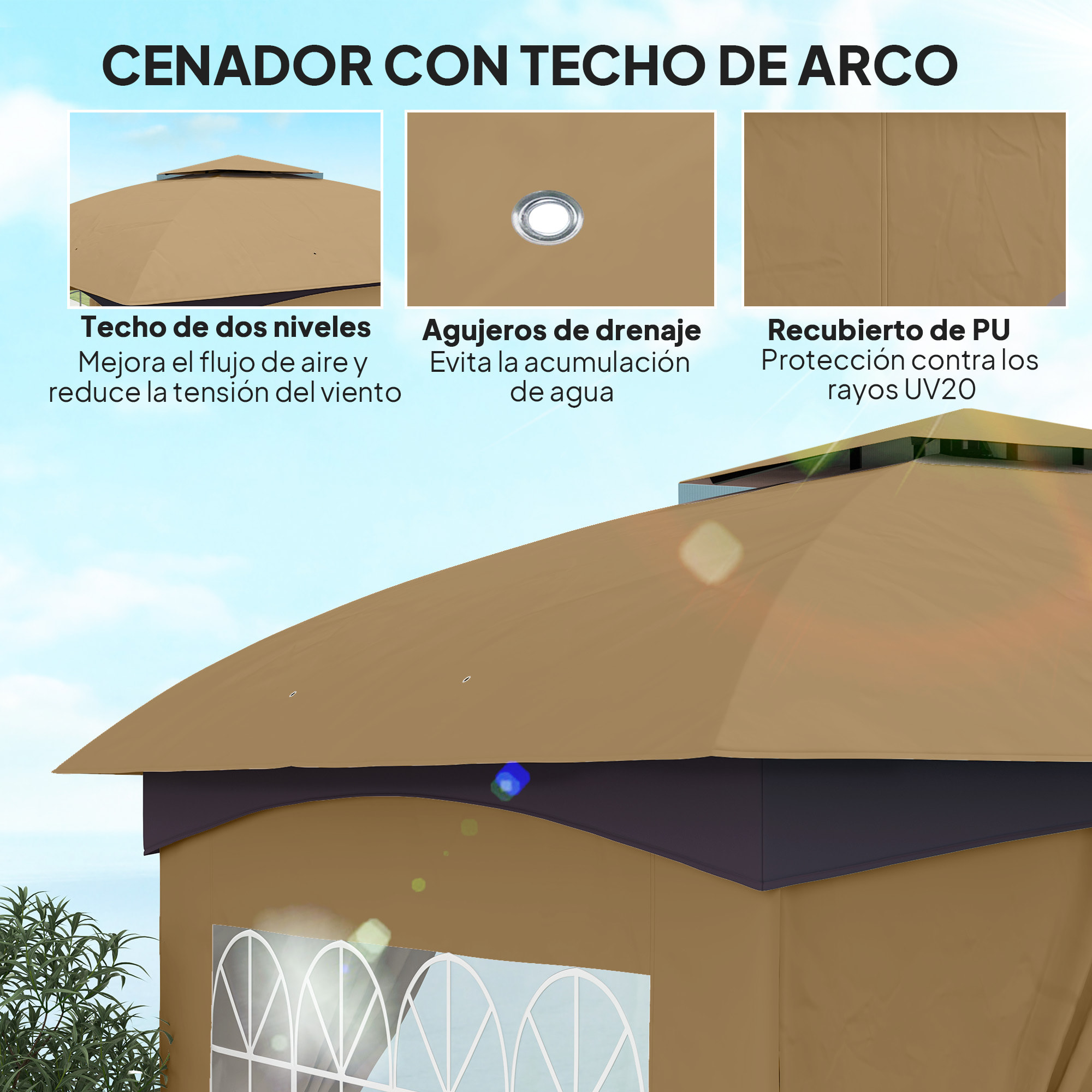 Cenador para Jardín 3,4x3,4 m Pérgola de Jardín Gazebo con Doble Techo Paredes Laterales Anti-UV y Ventanas Carpa para Exterior Terraza Patio Beige