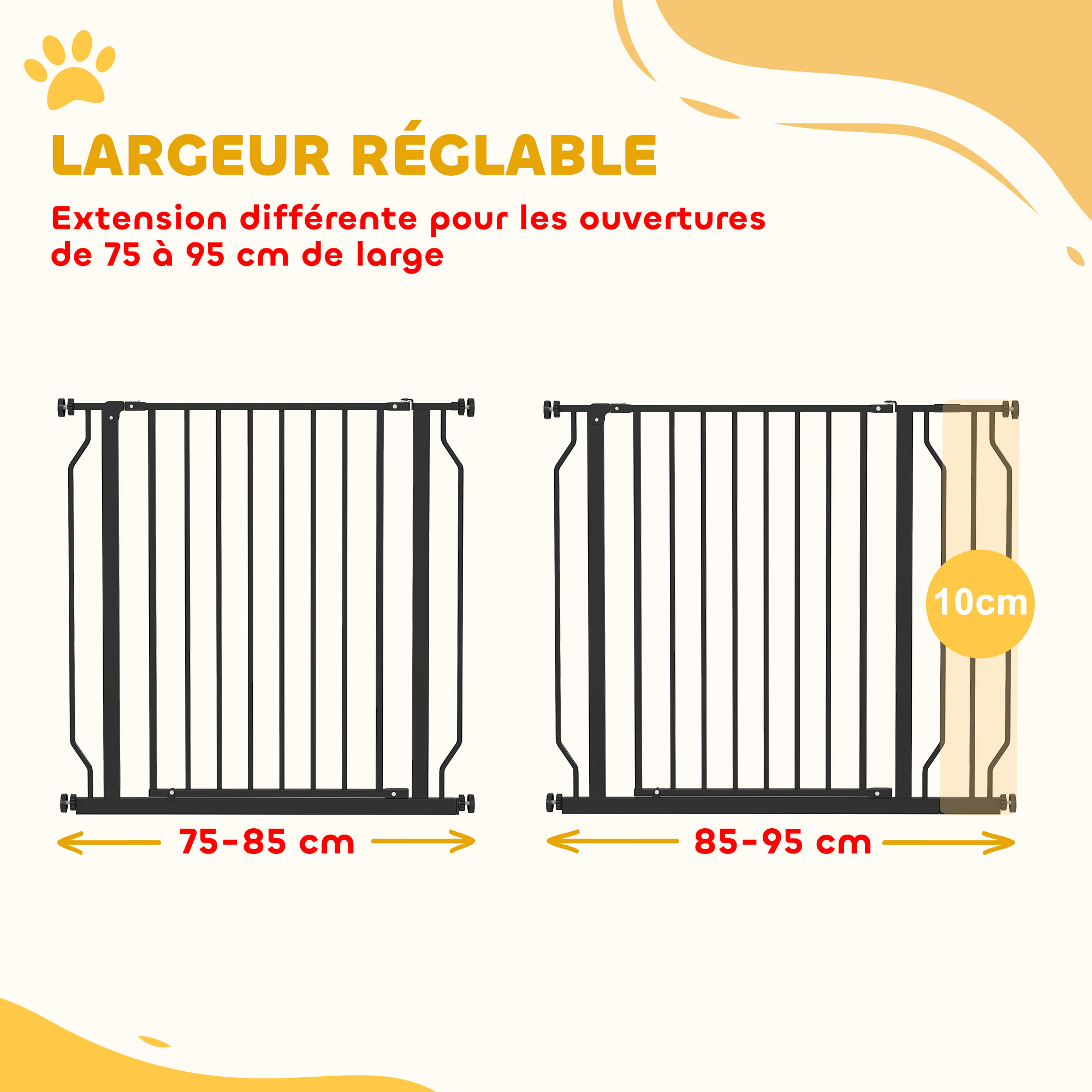 Barrière de sécurité chien réglable 75-95 cm - porte verrouillable - sans perçage - acier ABS noir