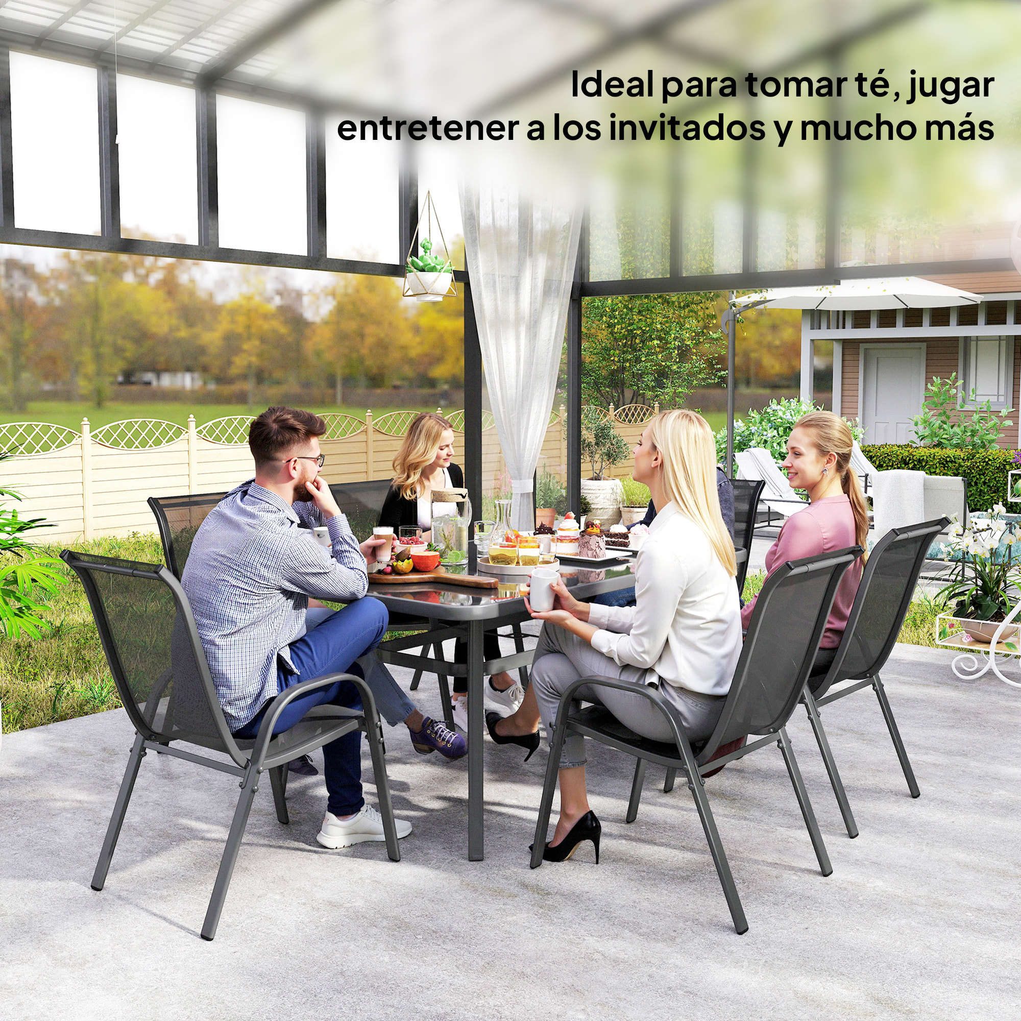 Conjunto de Mesa y Sillas Jardín de 7 Piezas, Muebles de Jardín Exterior con Mesa y 6 Sillas para Terraza con Orificio para Sombrilla y Encimera de Cristal, para Terraza Patio, Gris Oscuro