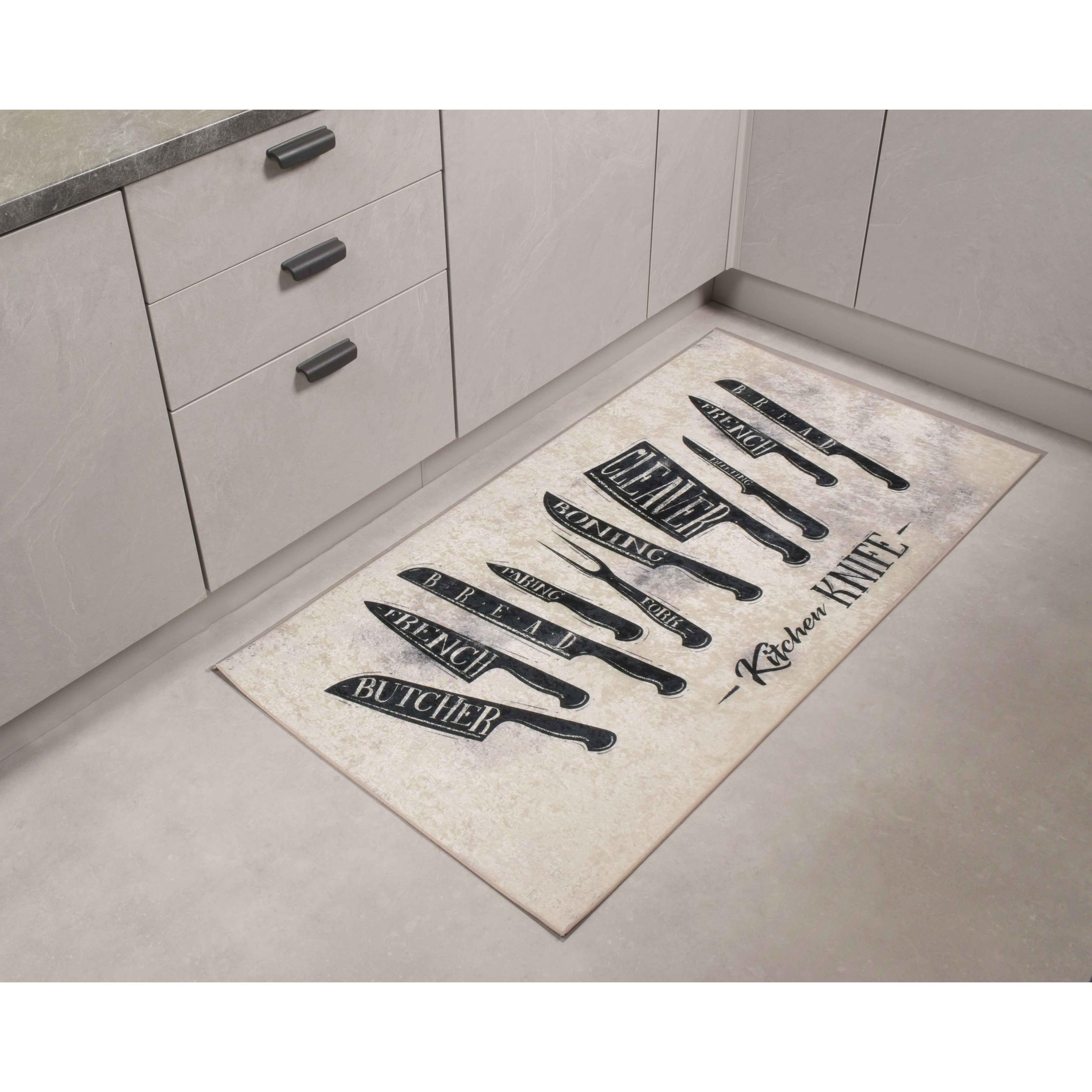 Stampa - tapis de cuisine motif couteaux de cuisine antidérapant et lavable en machine à 30°C, blanc et noir