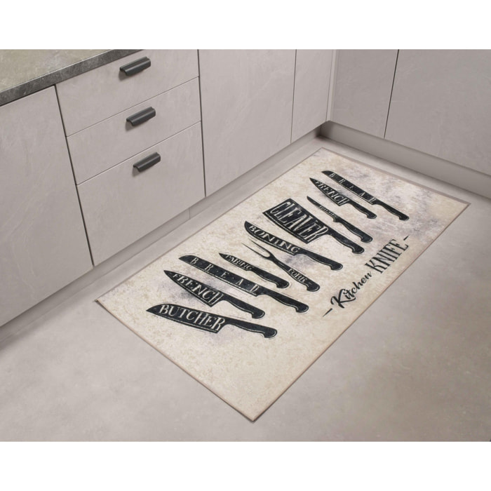 Stampa - tapis de cuisine motif couteaux de cuisine antidérapant et lavable en machine à 30°C, blanc et noir