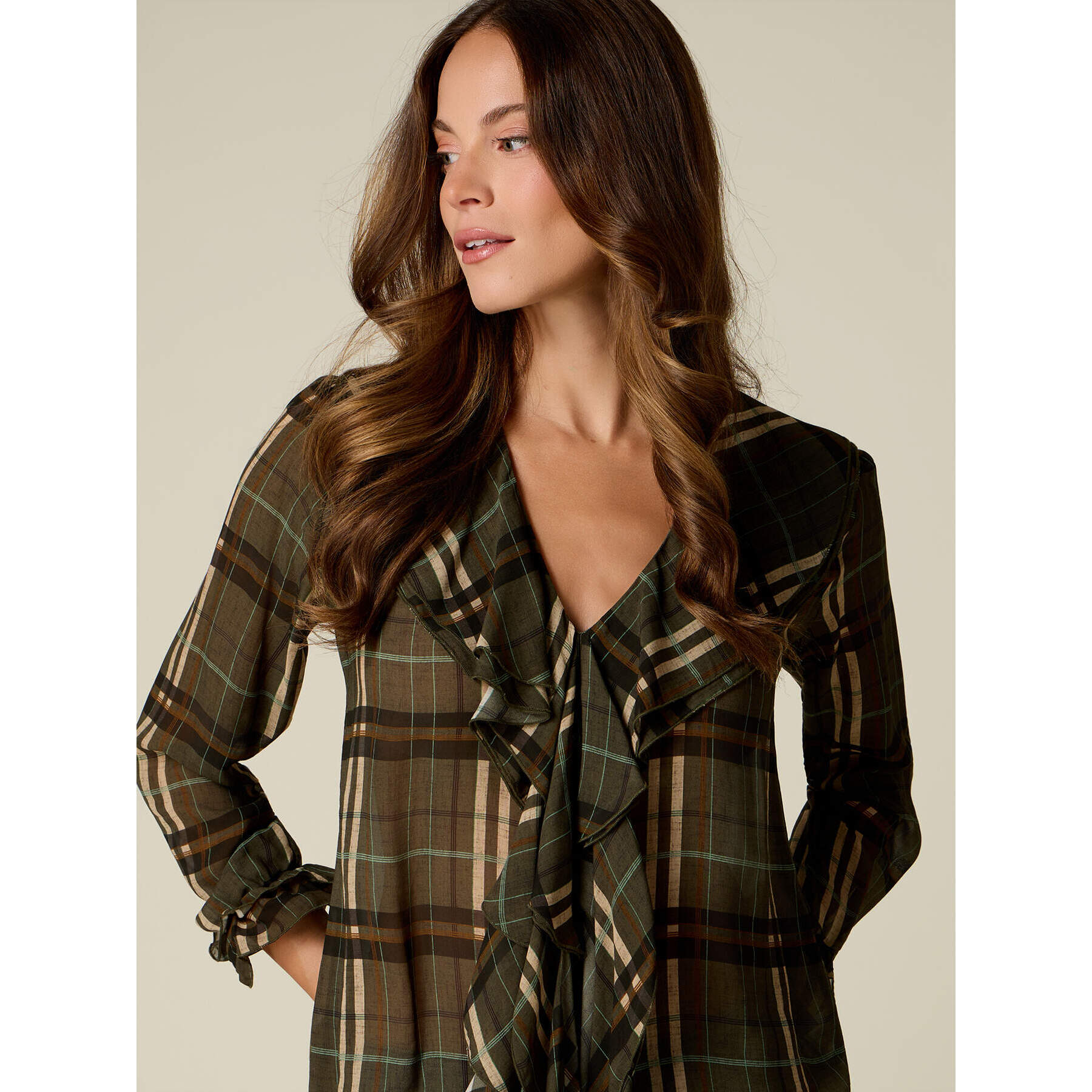 Oltre - Blusa in viscosa check con volant - Verde militare